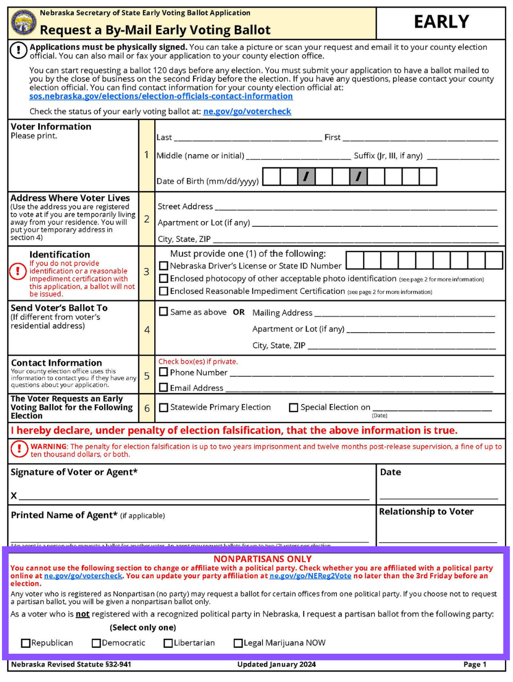 A picture of Nebraska's early voting application with the nonpartisan voting box highlighted.